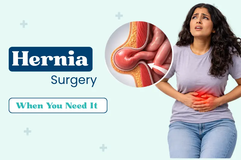 Woman experiencing hernia pain with anatomical diagram showing hernia surgery treatment options available in Hyderabad clinics