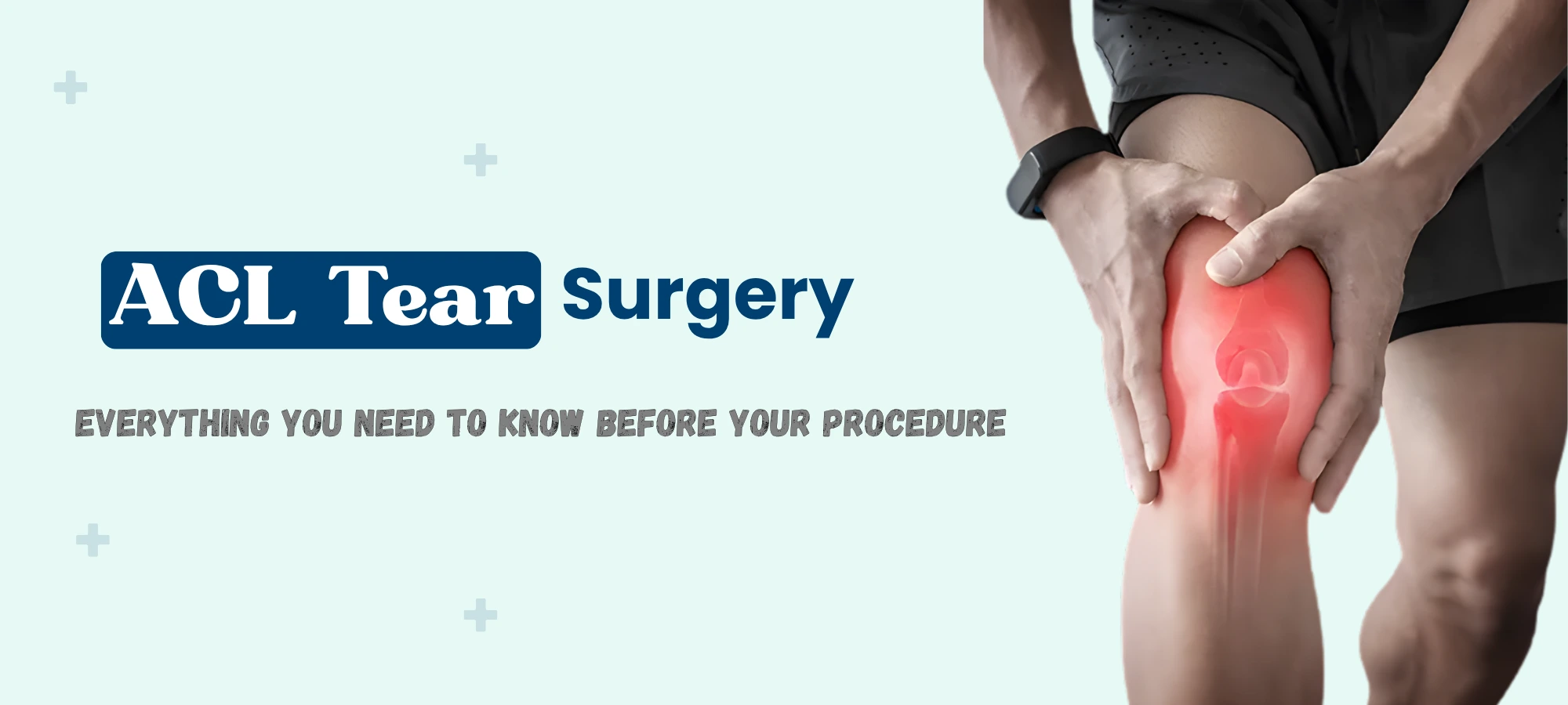 Person experiencing ACL knee pain holding leg with red pain visualization showing anterior cruciate ligament injury location