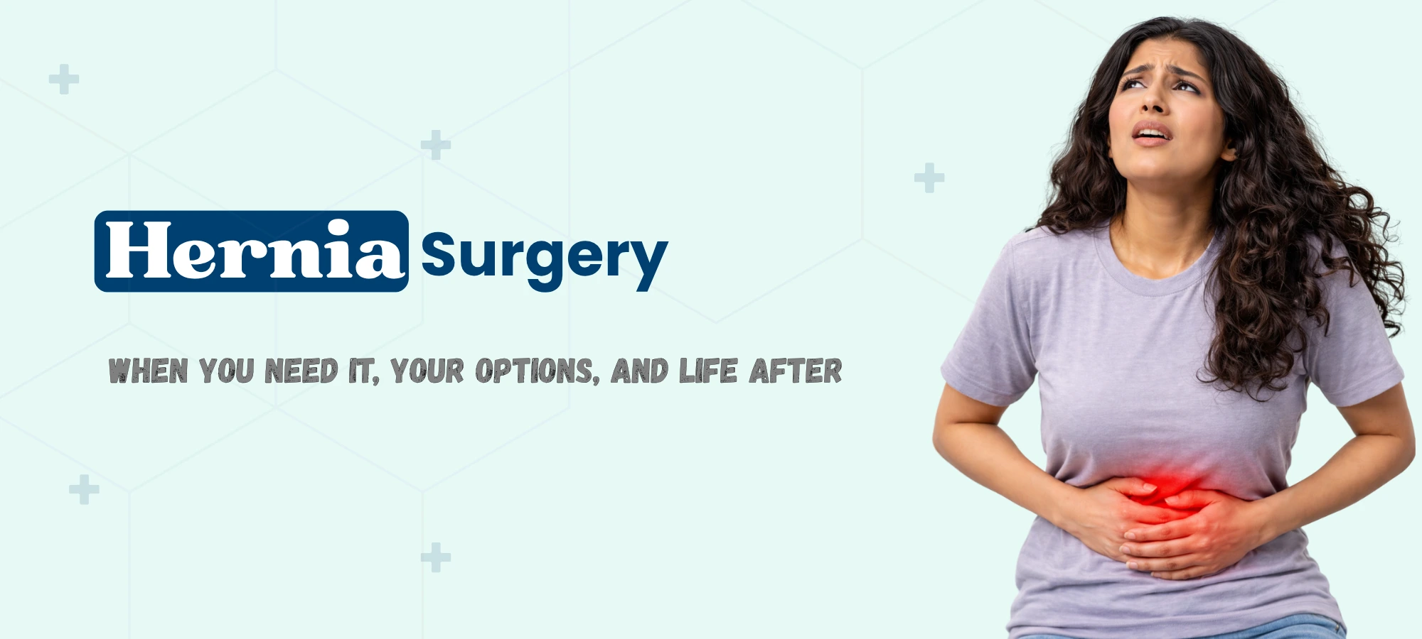 Woman experiencing abdominal hernia pain holding stomach area with red pain visualization showing where hernia repair surgery is needed