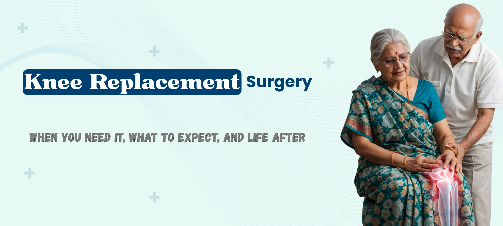 Elderly couple showing knee replacement procedure area with pain visualization enabling active lifestyle and family bonding after knee arthritis surgery