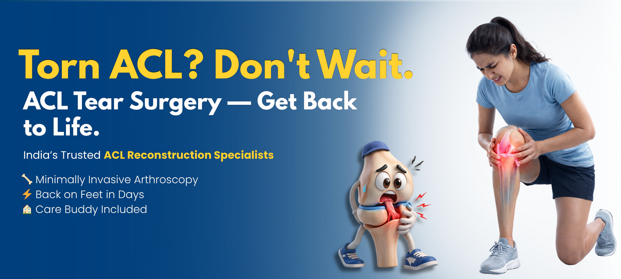 ACL tear surgery in Hyderabad – patient with knee pain and ACL reconstruction treatment illustration