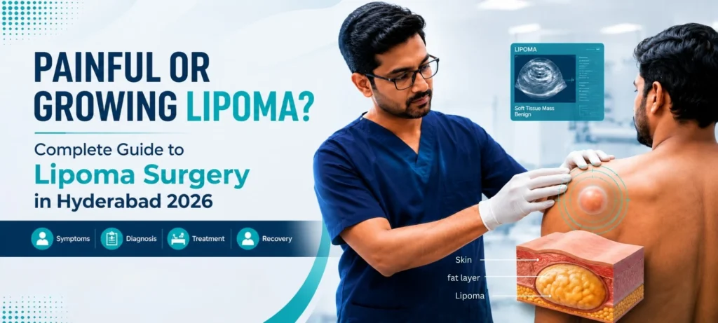 Doctor examining a shoulder lipoma and explaining lipoma removal surgery with soft tissue mass illustration.