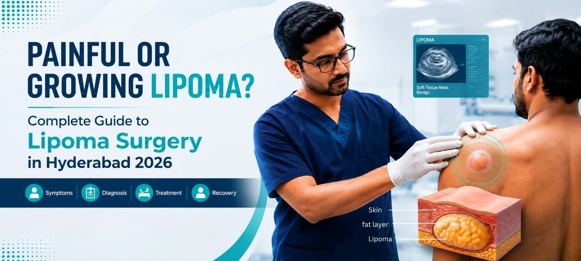 Doctor examining a shoulder lipoma and explaining lipoma removal surgery with soft tissue mass illustration.