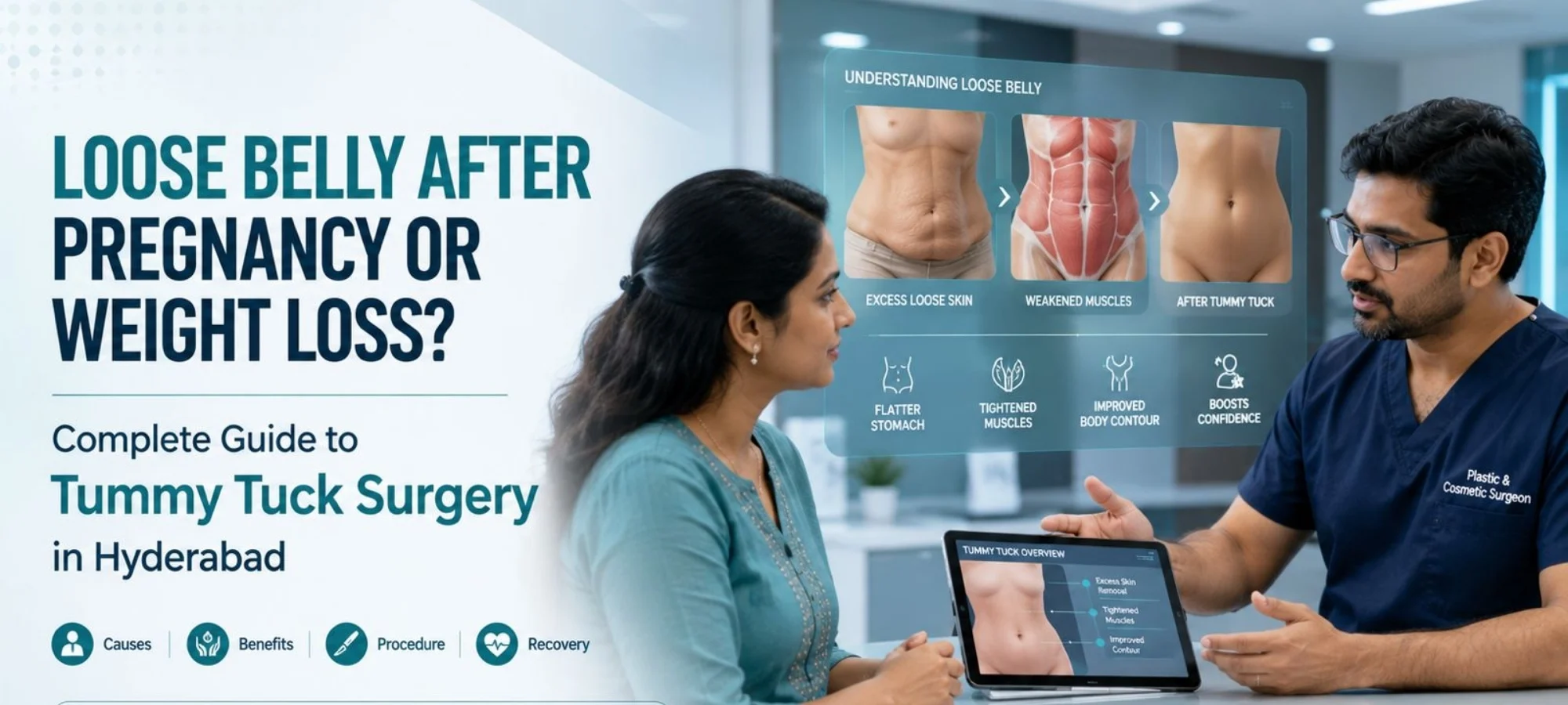 Plastic surgeon explaining tummy tuck surgery to a woman with before-and-after abdominal contour illustrations.