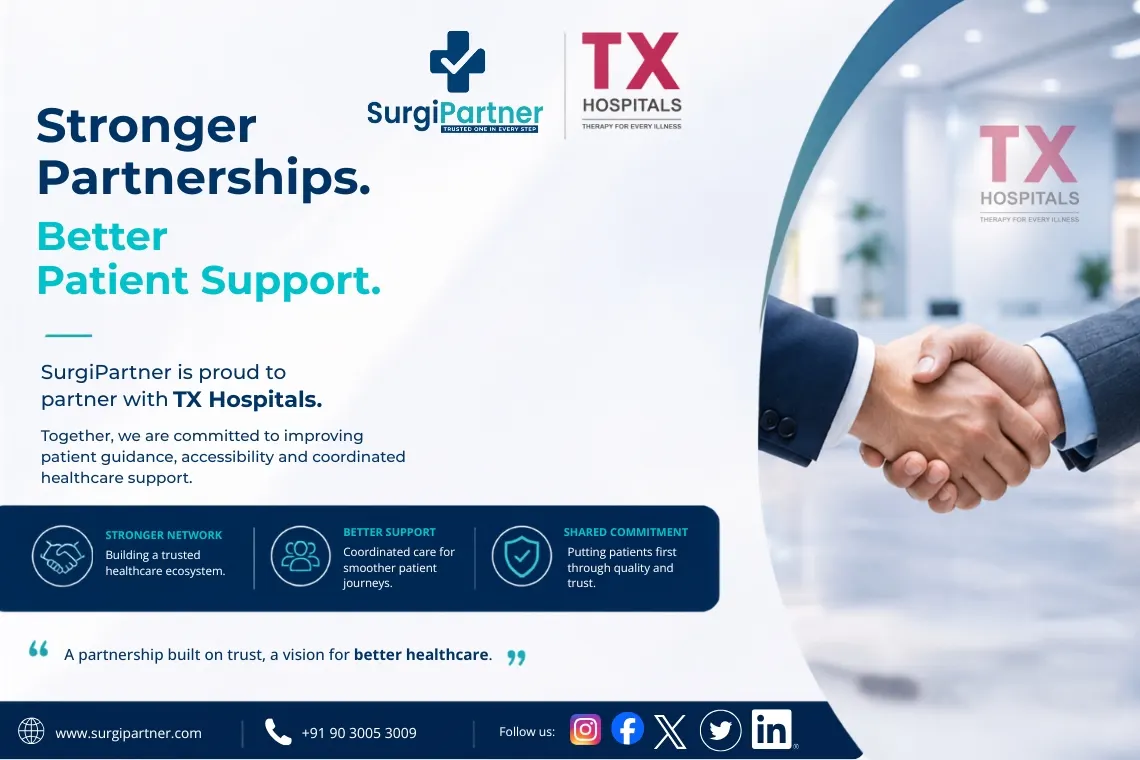 SurgiPartner official partnership announcement with TX Hospitals in Hyderabad for better patient support and coordinated healthcare services including laser piles treatment